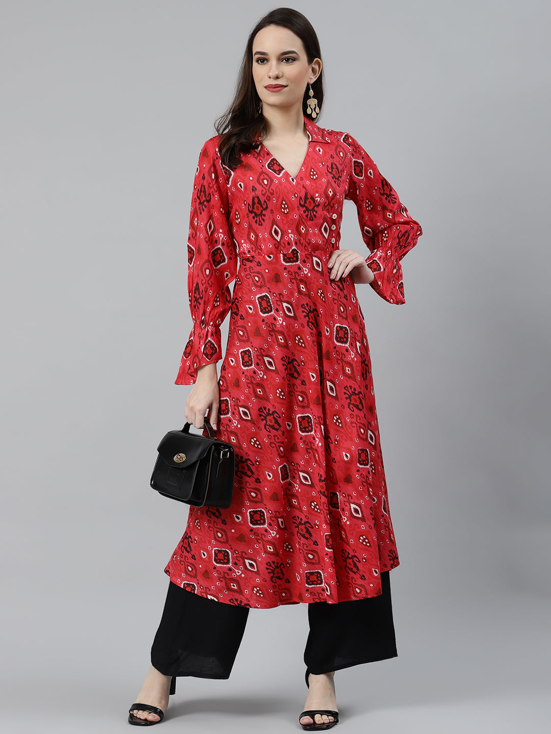 Jompers Women Coral Red & Black Ethnic Motifs Printed Angrakha Anarkali Kurta - Distacart