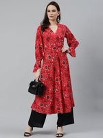 Thumbnail for Jompers Women Coral Red & Black Ethnic Motifs Printed Angrakha Anarkali Kurta - Distacart