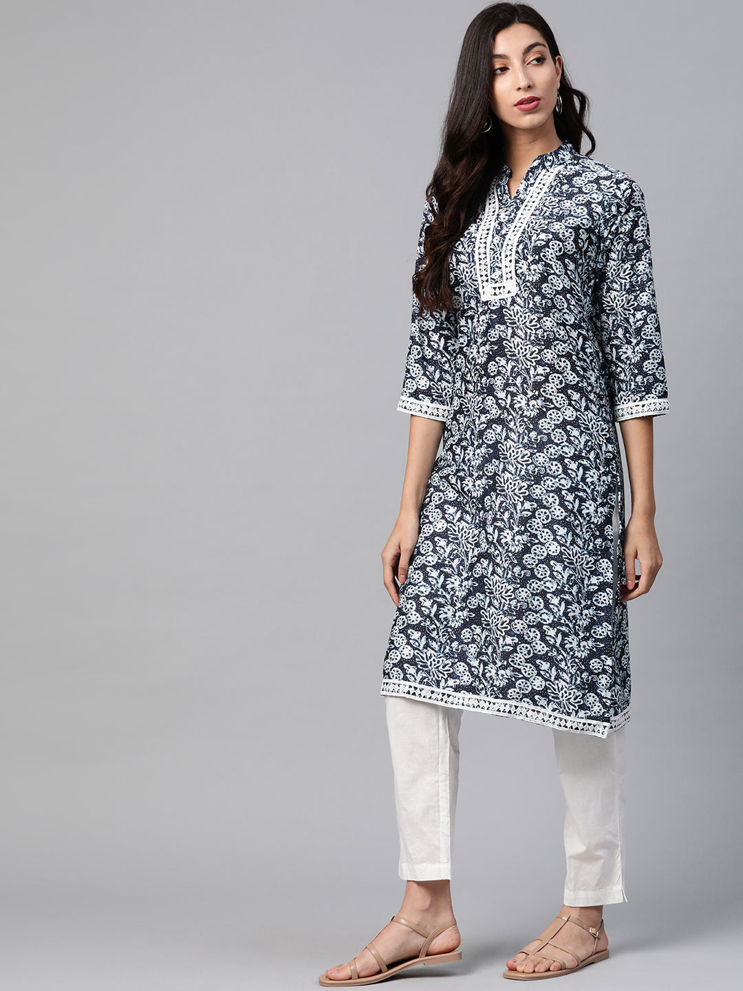 Jompers Women Navy Blue & Off White Ethnic Motifs Printed Kurta - Distacart