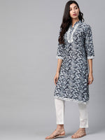 Thumbnail for Jompers Women Navy Blue & Off White Ethnic Motifs Printed Kurta - Distacart