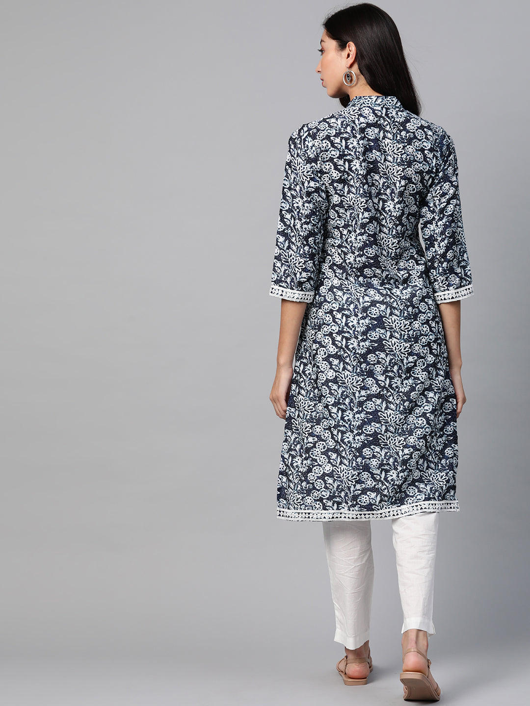 Jompers Women Navy Blue & Off White Ethnic Motifs Printed Kurta - Distacart