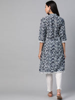 Thumbnail for Jompers Women Navy Blue & Off White Ethnic Motifs Printed Kurta - Distacart