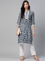 Thumbnail for Jompers Women Navy Blue & Off White Ethnic Motifs Printed Kurta - Distacart
