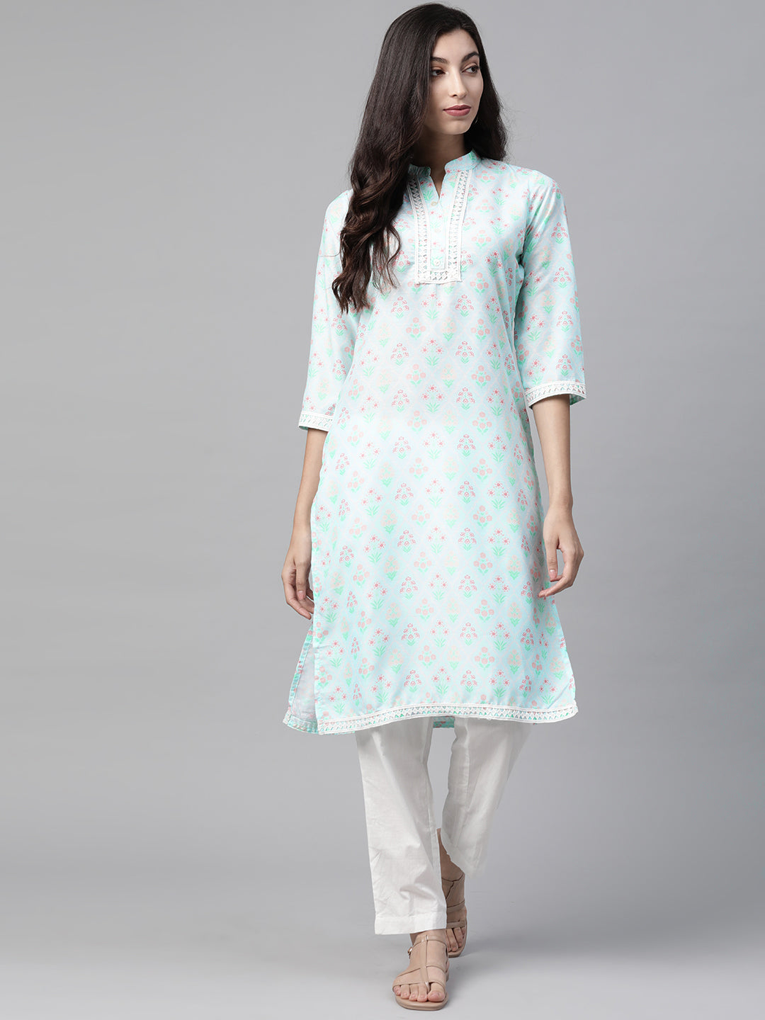 Jompers Women Sky Blue & Off White Floral Printed Kurta - Distacart