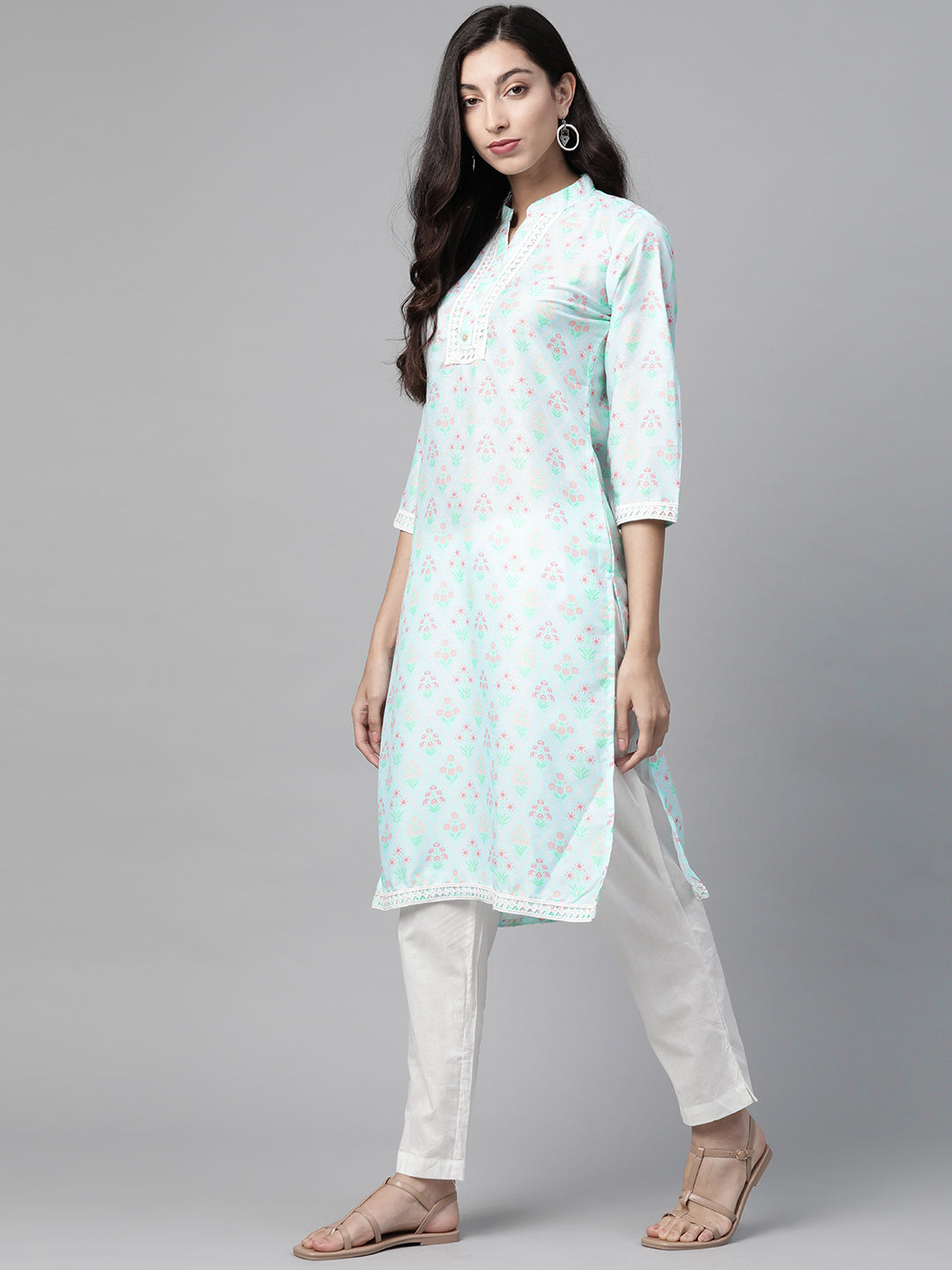 Jompers Women Sky Blue & Off White Floral Printed Kurta - Distacart