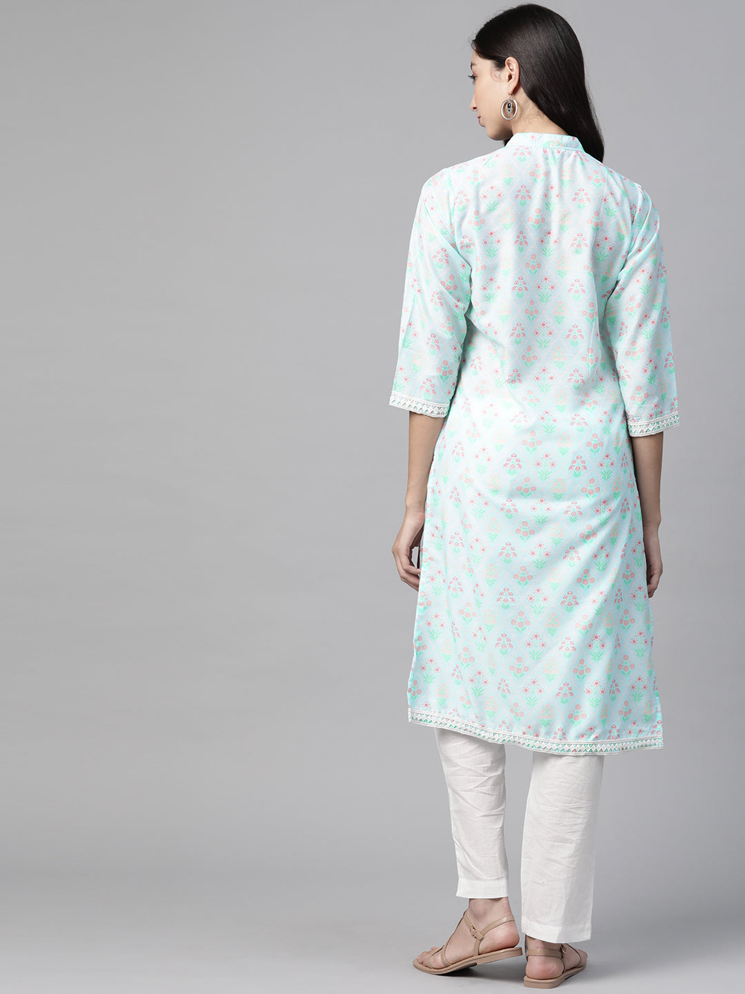 Jompers Women Sky Blue & Off White Floral Printed Kurta - Distacart