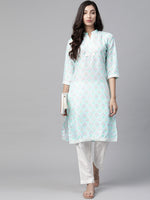 Thumbnail for Jompers Women Sky Blue & Off White Floral Printed Kurta - Distacart
