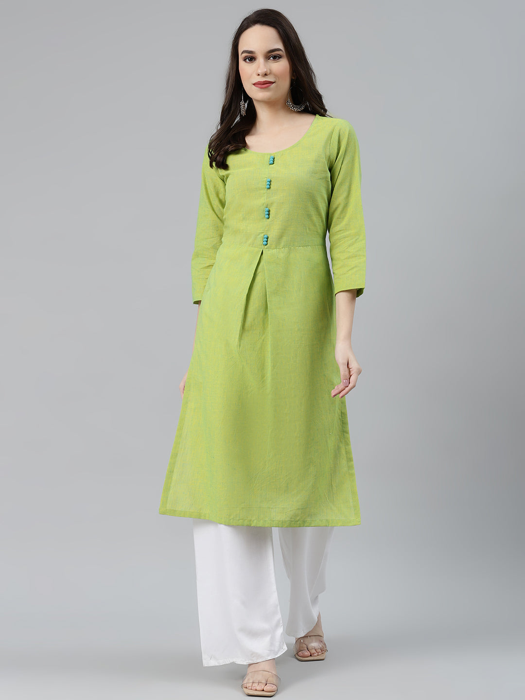 Jompers Women Green Woven Design Pure Cotton Straight Pleated Kurta - Distacart
