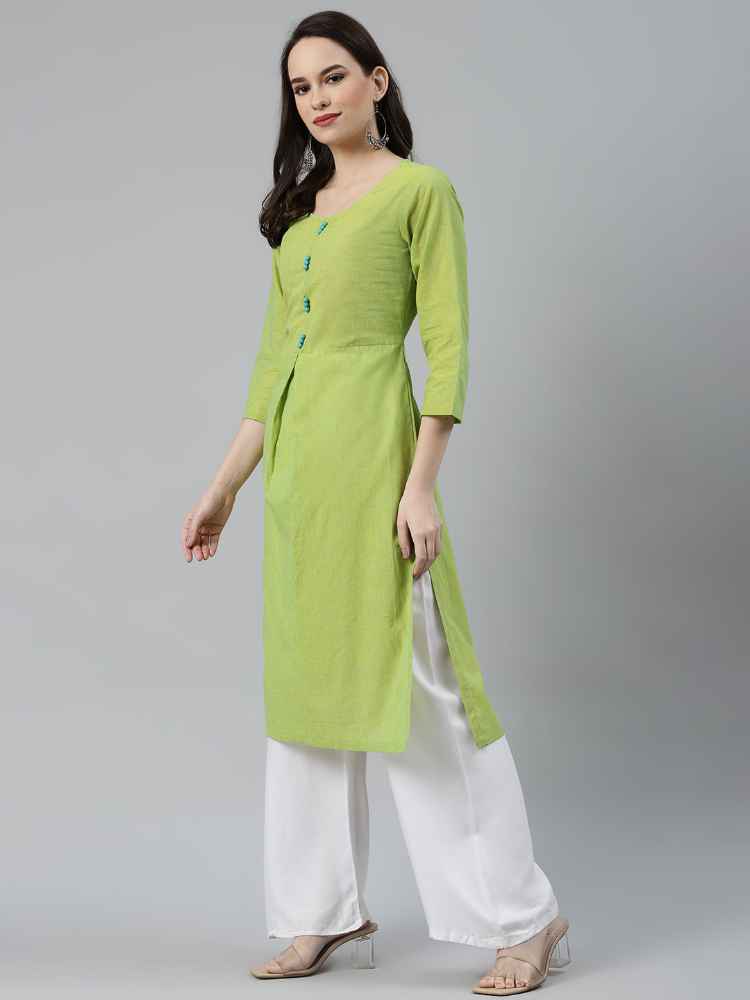 Jompers Women Green Woven Design Pure Cotton Straight Pleated Kurta - Distacart