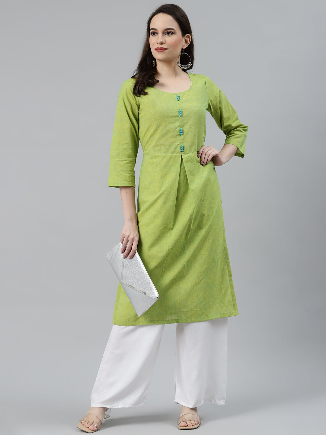 Jompers Women Green Woven Design Pure Cotton Straight Pleated Kurta - Distacart