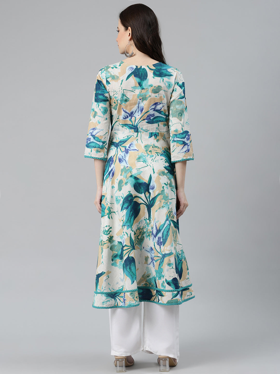 Jompers Women Off White & Blue Floral Printed Floral Anarkali Kurta - Distacart