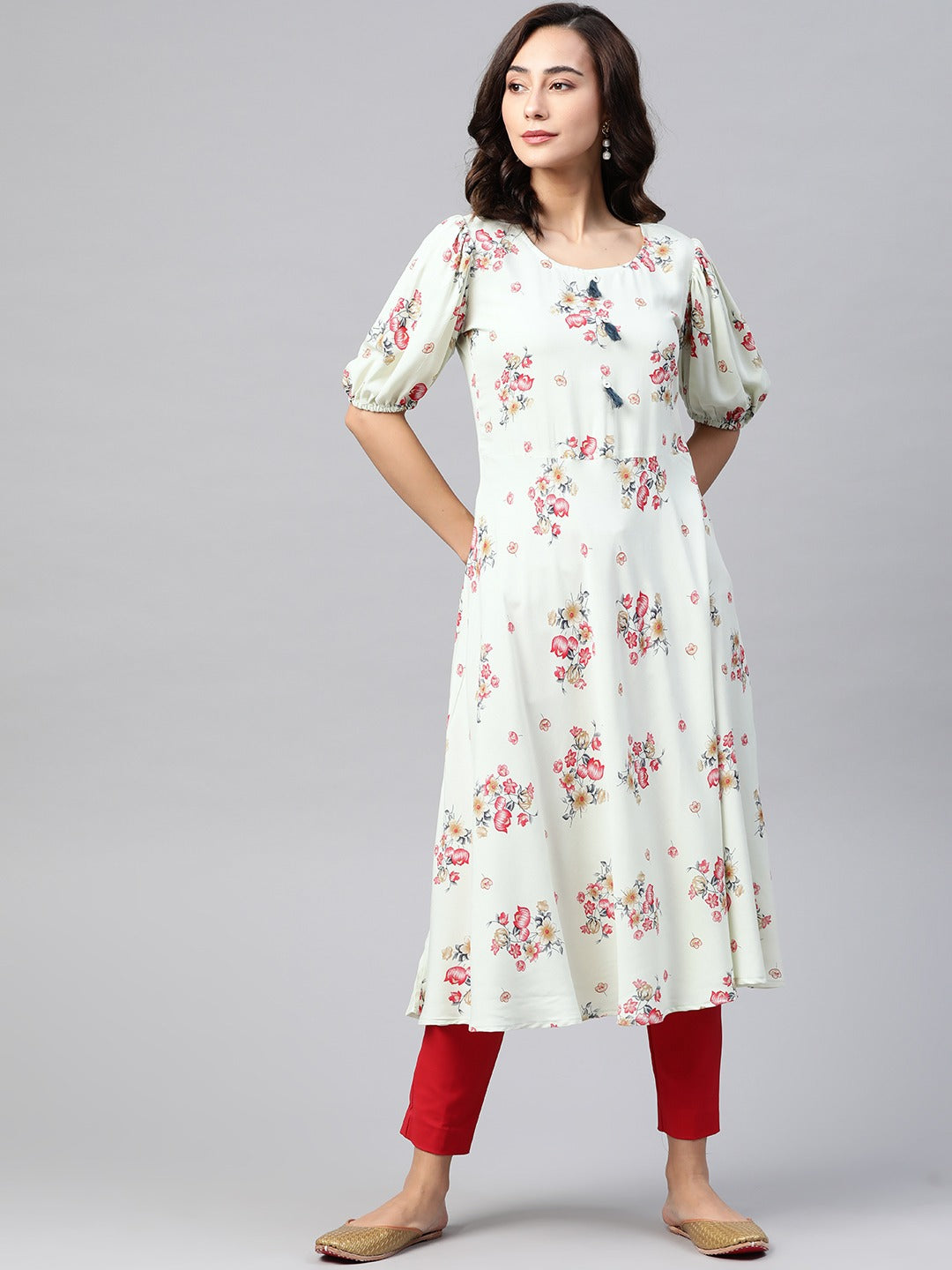 Jompers Women Green & Red Floral Printed A-Line Kurta - Distacart