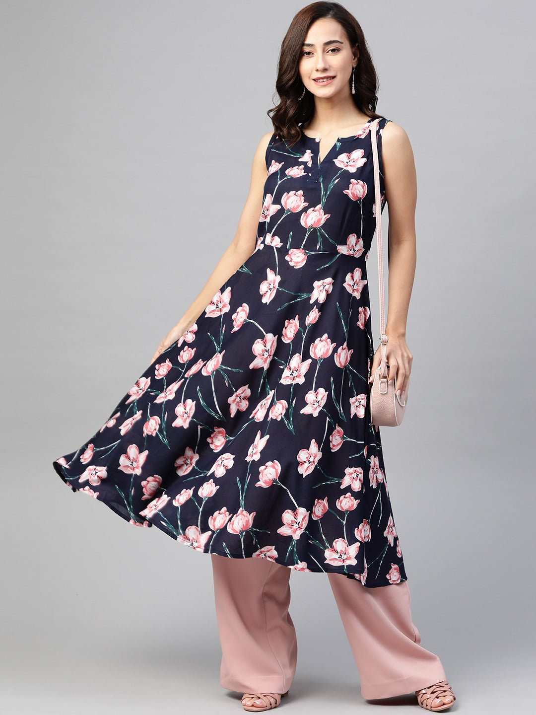 Jompers Women Navy Blue & Pink Floral Printed A-Line Kurta - Distacart