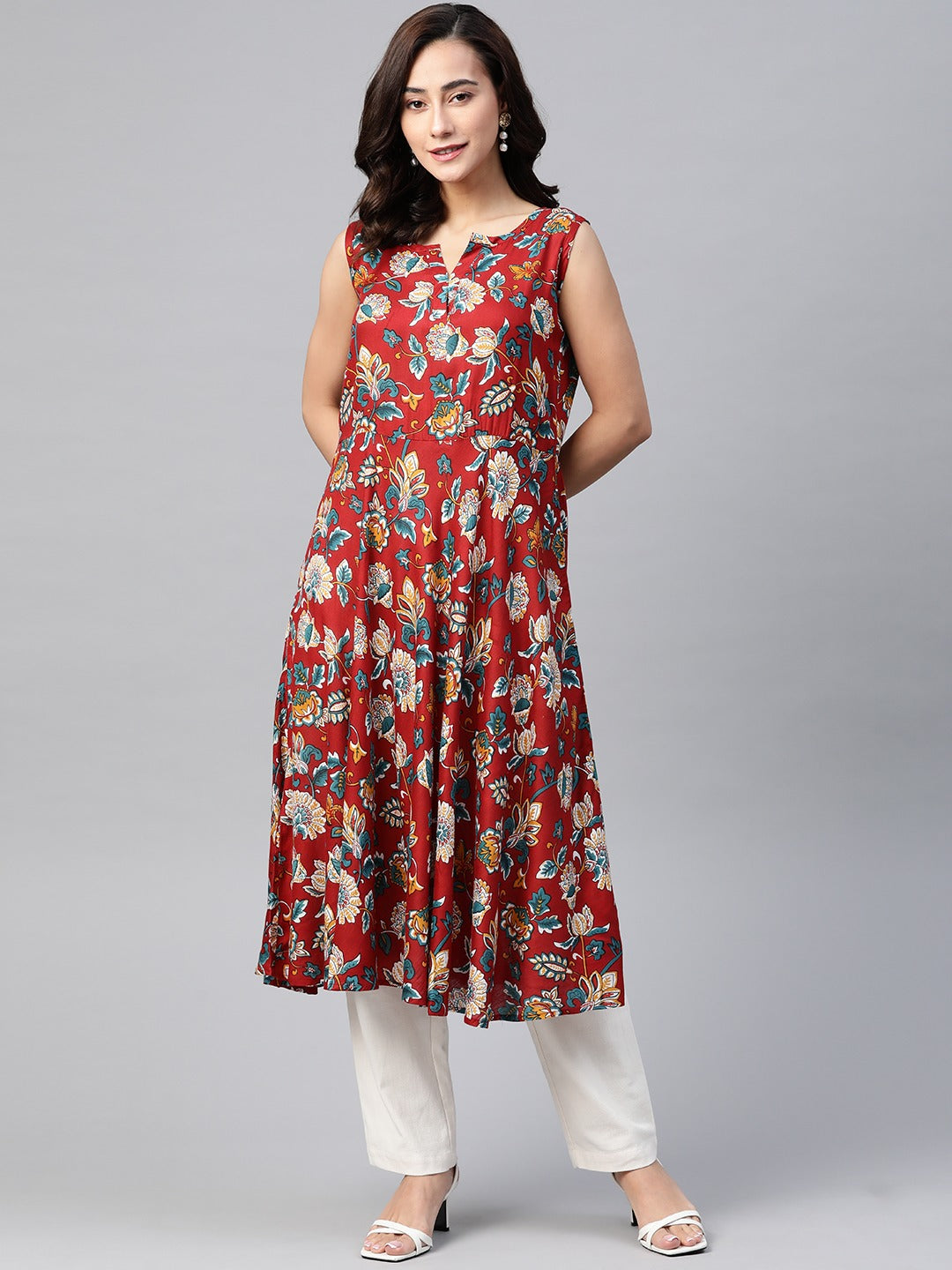 Jompers Women Maroon & Blue Ethnic Motifs Printed Flaired Kurta - Distacart