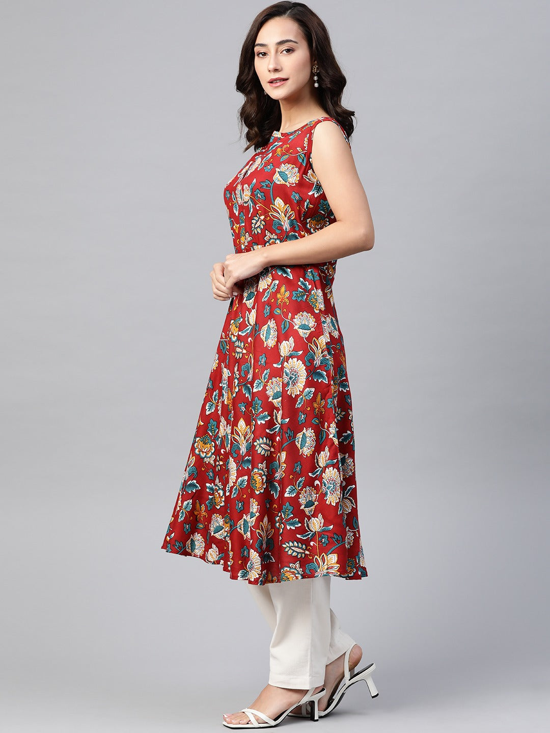 Jompers Women Maroon & Blue Ethnic Motifs Printed Flaired Kurta - Distacart