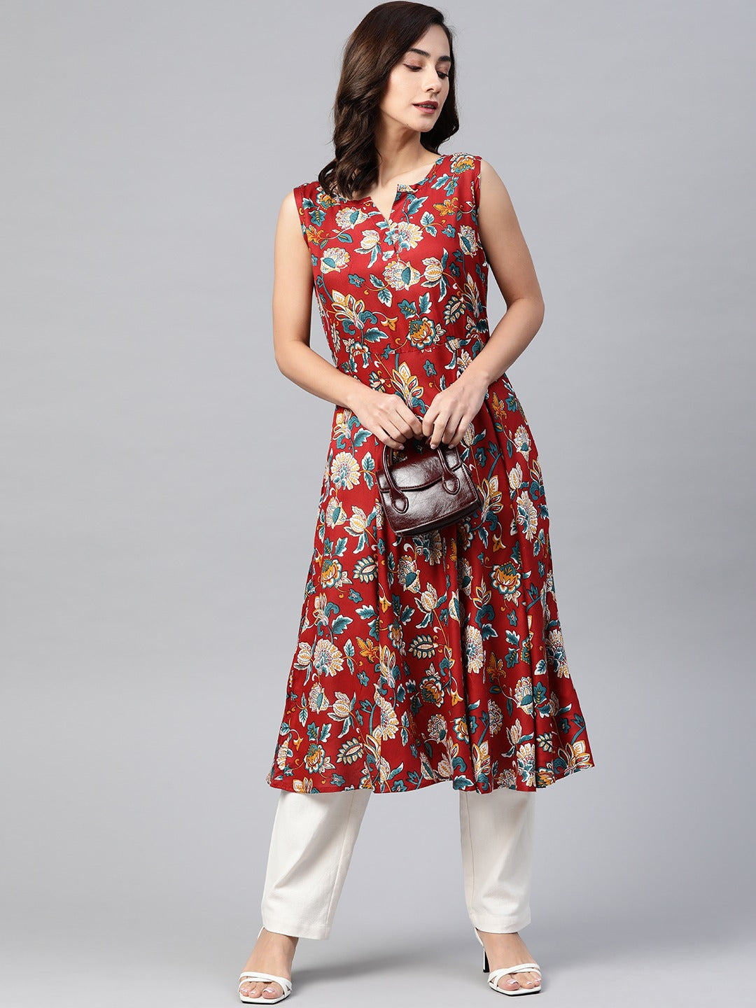 Jompers Women Maroon & Blue Ethnic Motifs Printed Flaired Kurta - Distacart