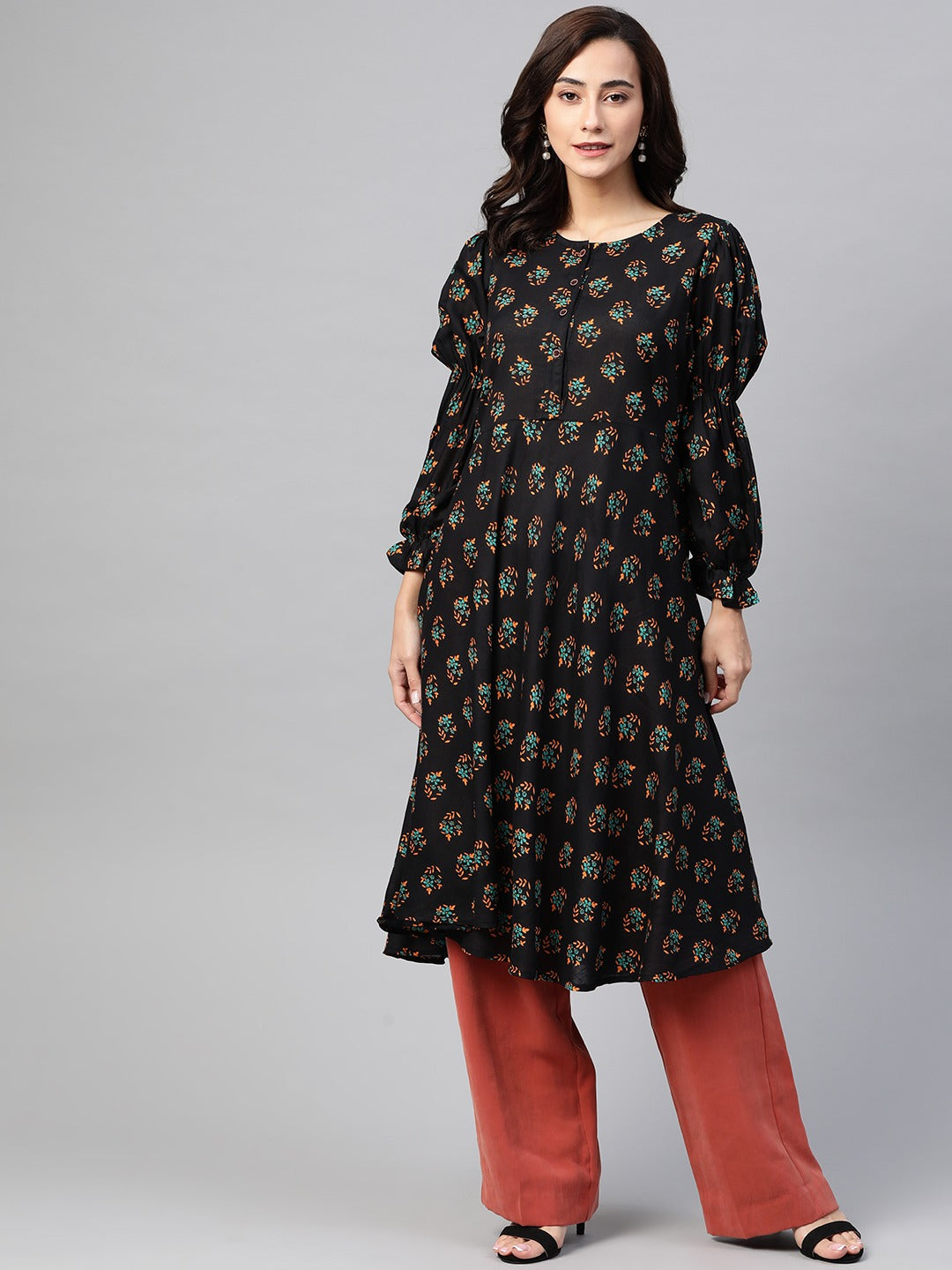 Jompers Women Black & Mustard Yellow Floral Printed A-Line Kurta - Distacart
