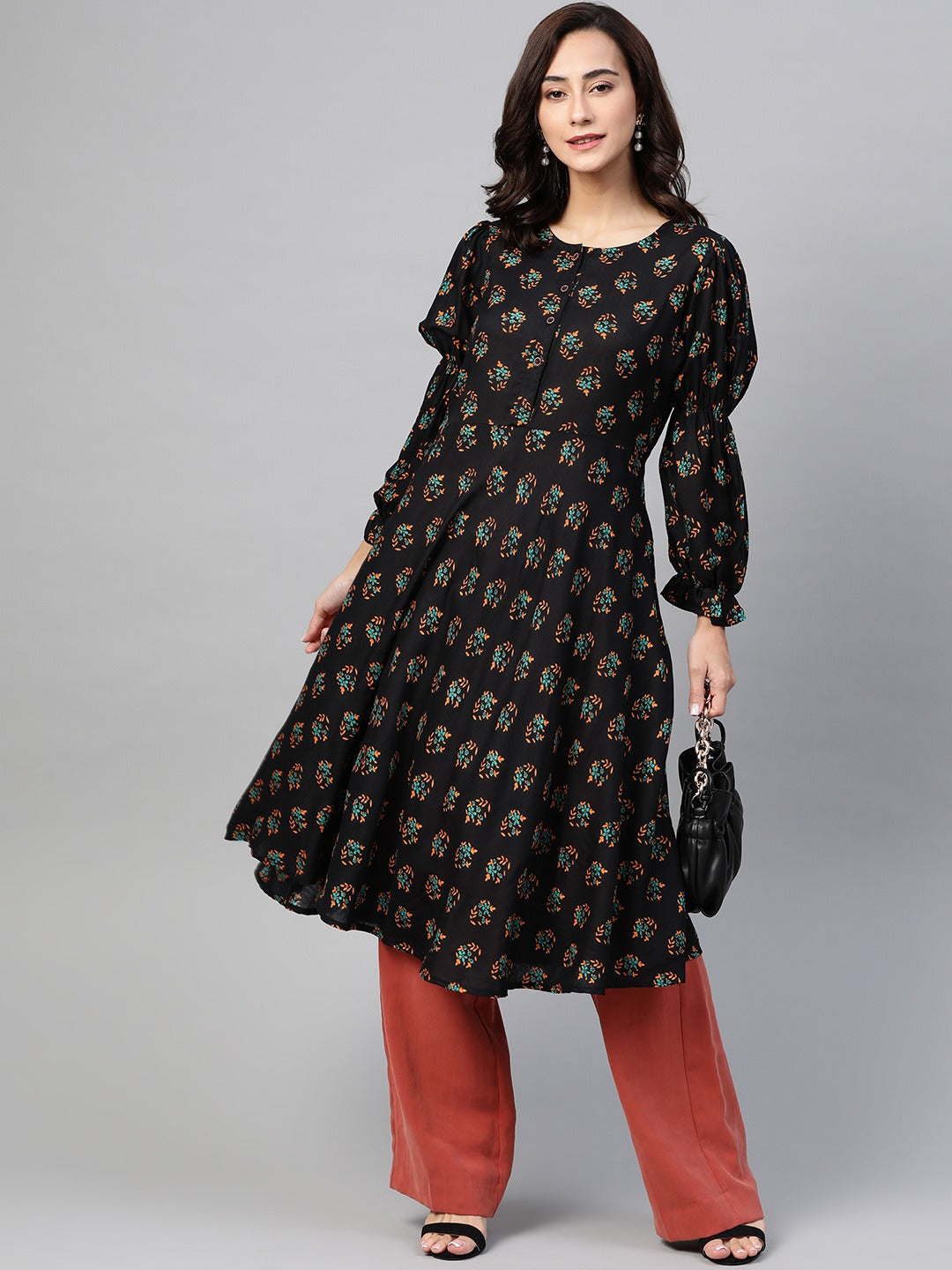 Jompers Women Black & Mustard Yellow Floral Printed A-Line Kurta - Distacart