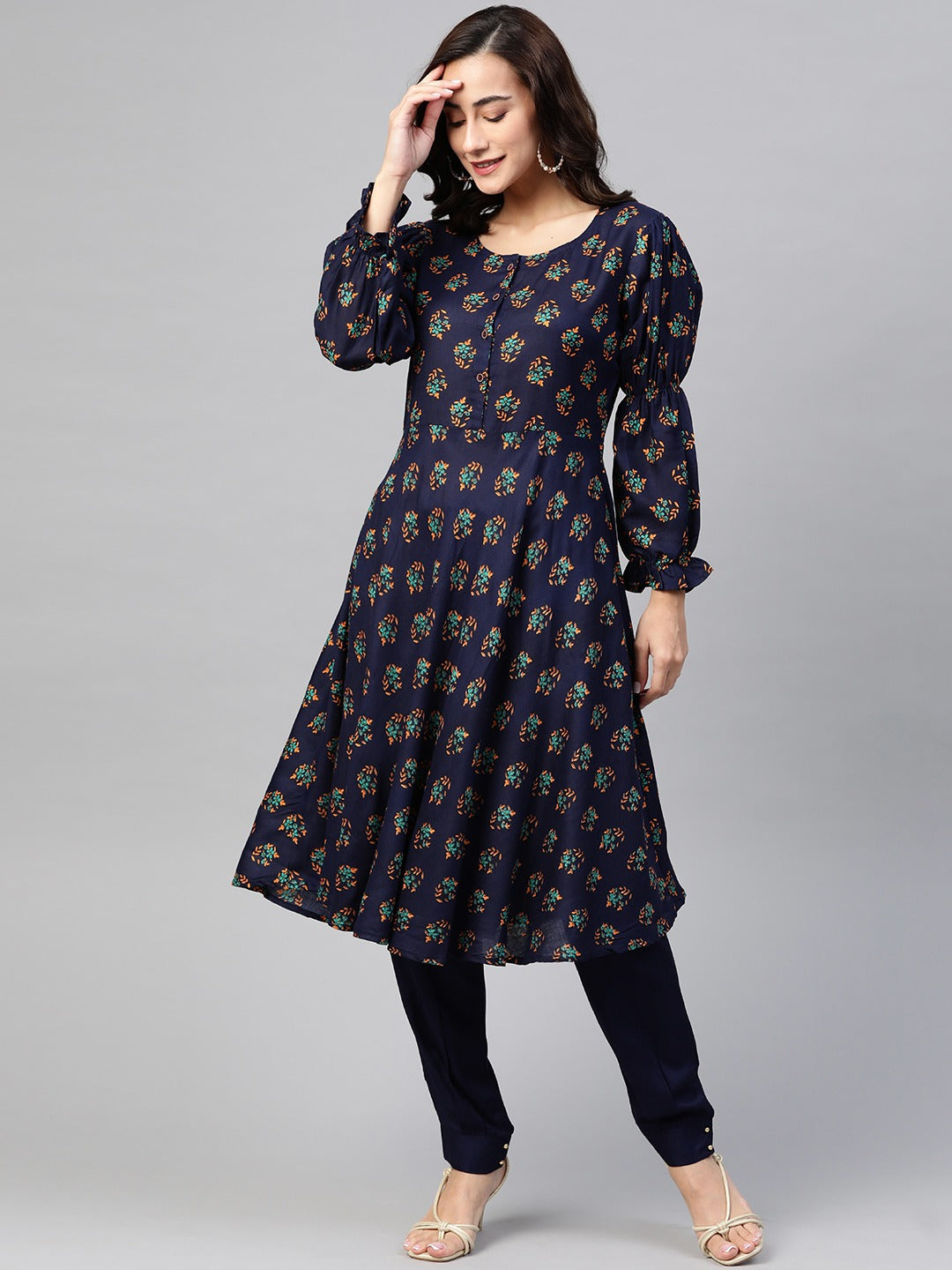 Jompers Women Navy & Mustard Yellow Floral Printed A-Line Kurta - Distacart