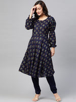 Thumbnail for Jompers Women Navy & Mustard Yellow Floral Printed A-Line Kurta - Distacart