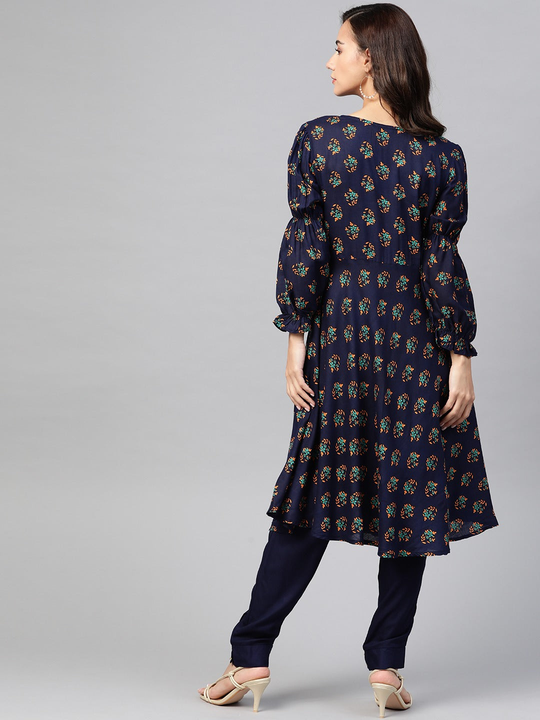 Jompers Women Navy & Mustard Yellow Floral Printed A-Line Kurta - Distacart