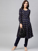 Thumbnail for Jompers Women Navy & Mustard Yellow Floral Printed A-Line Kurta - Distacart