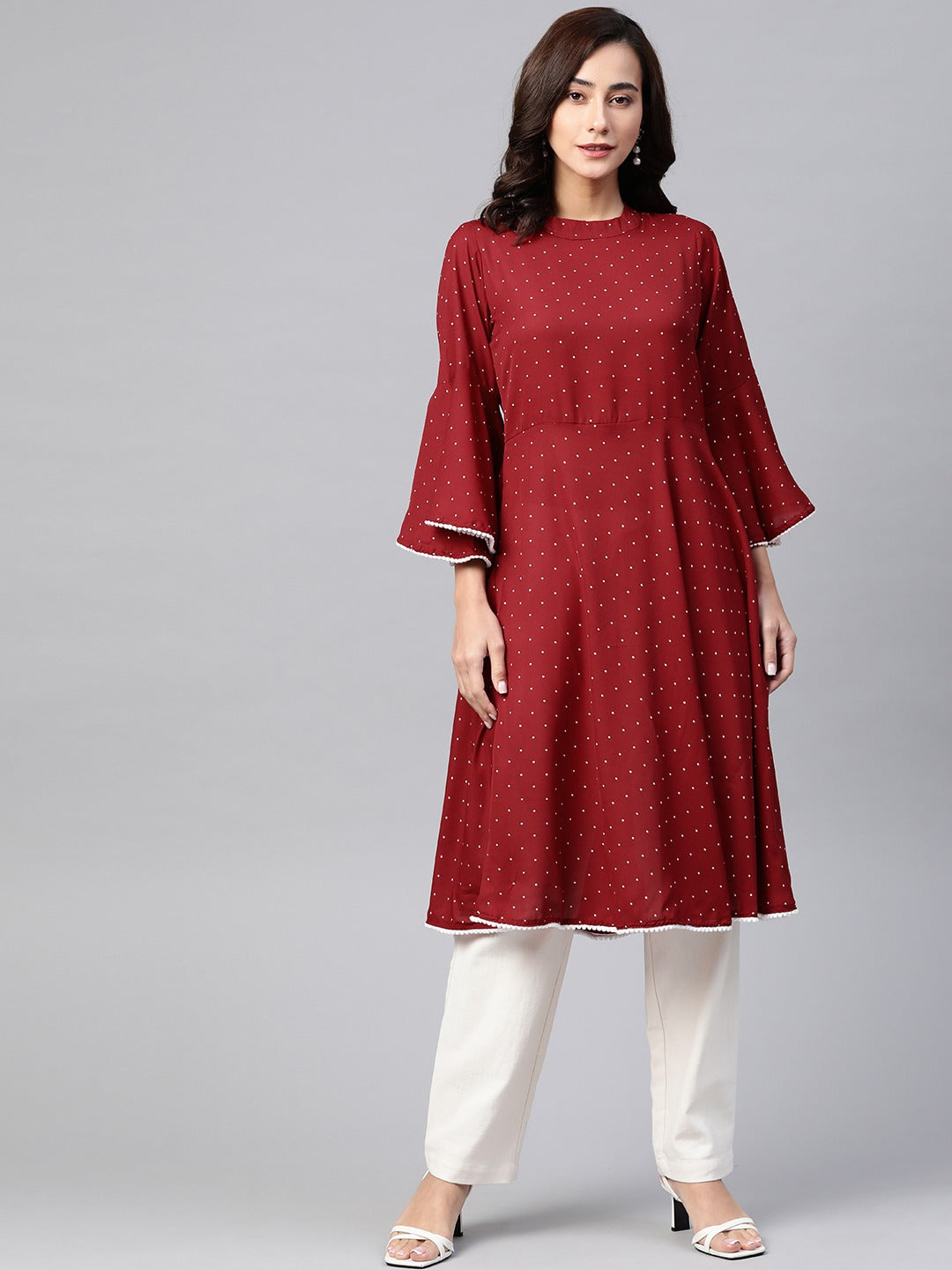 Jompers Women Maroon & White Polka Dots Print Bell Sleeves Anarkali Kurta - Distacart