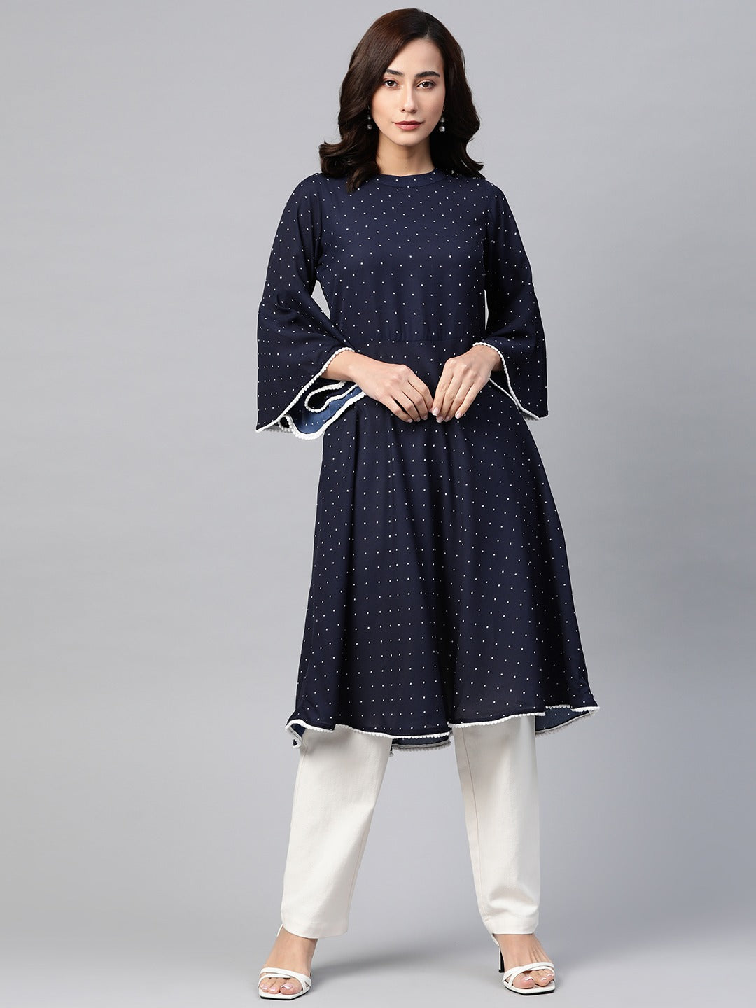 Jompers Women Navy Blue & White Polka Dots Print Bell Sleeves Anarkali Kurta - Distacart