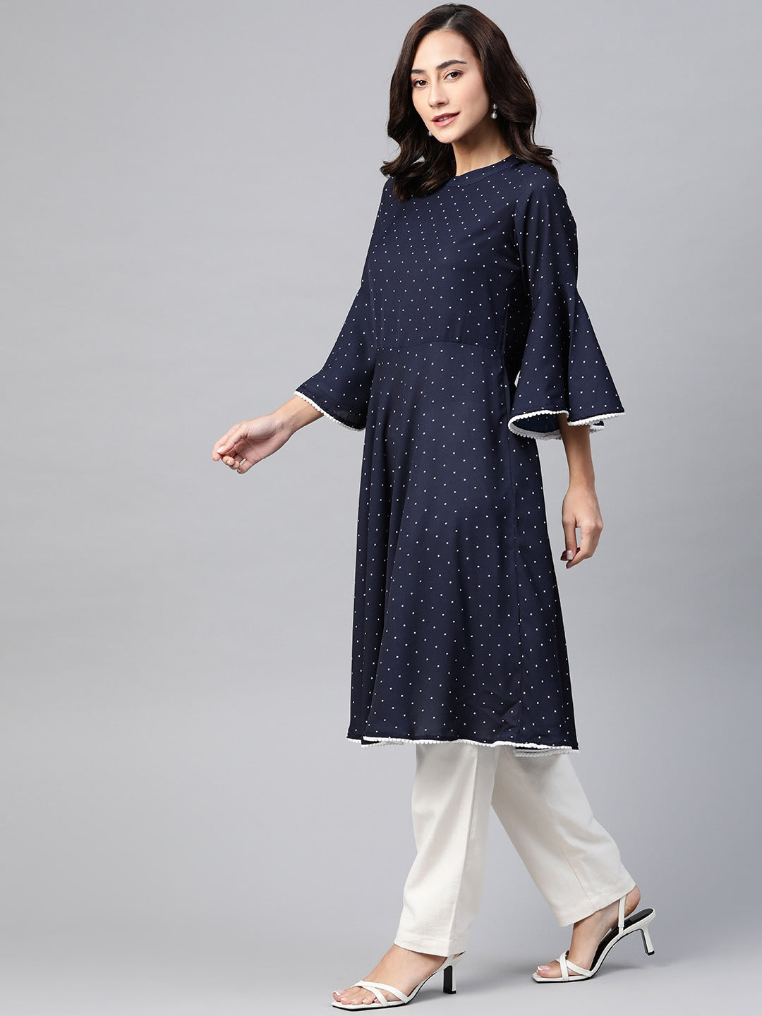 Jompers Women Navy Blue & White Polka Dots Print Bell Sleeves Anarkali Kurta - Distacart