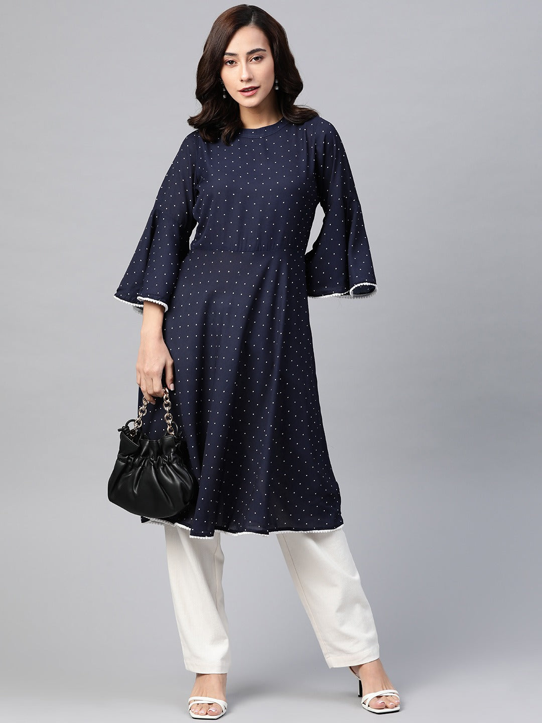 Jompers Women Navy Blue & White Polka Dots Print Bell Sleeves Anarkali Kurta - Distacart