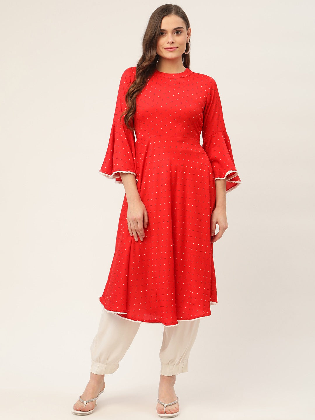 Jompers flared sleeves, pom-pom lace flared kurta (Red) - Distacart