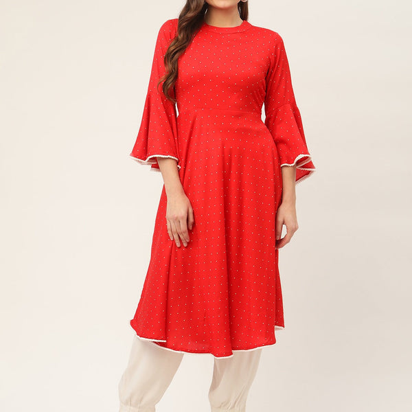 Jompers flared sleeves, pom-pom lace flared kurta (Red) - Distacart