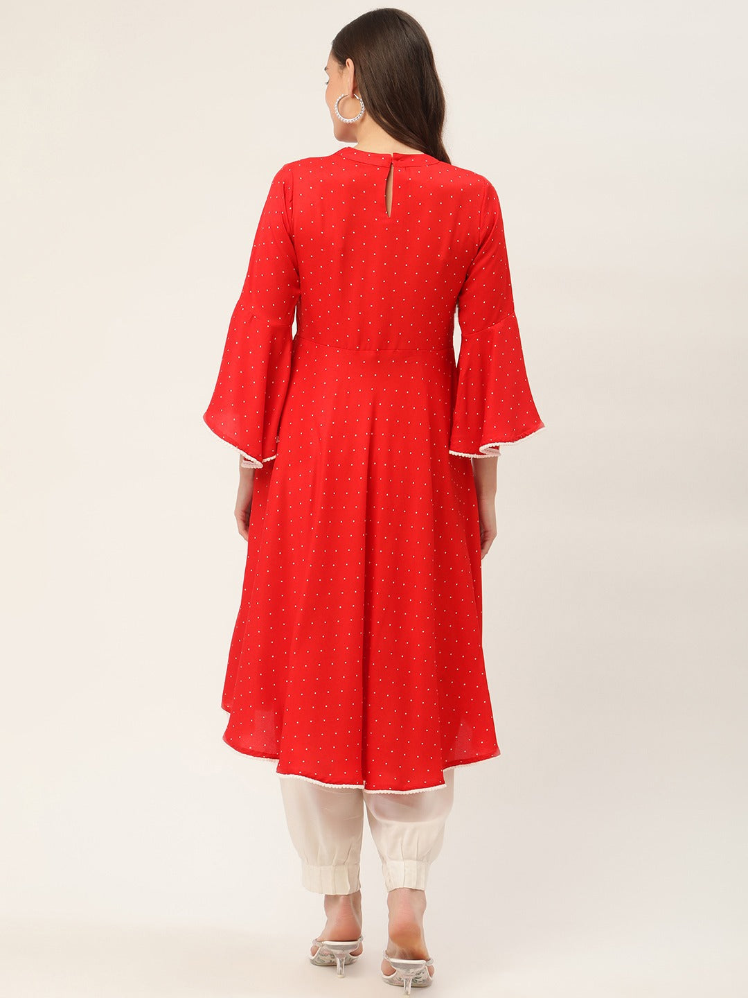 Jompers flared sleeves, pom-pom lace flared kurta (Red) - Distacart