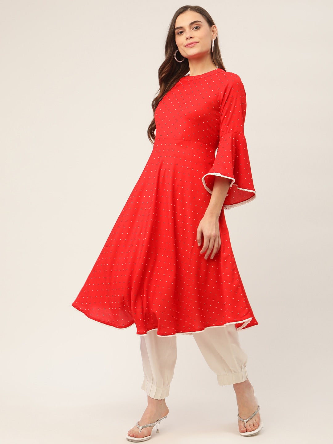Jompers flared sleeves, pom-pom lace flared kurta (Red) - Distacart