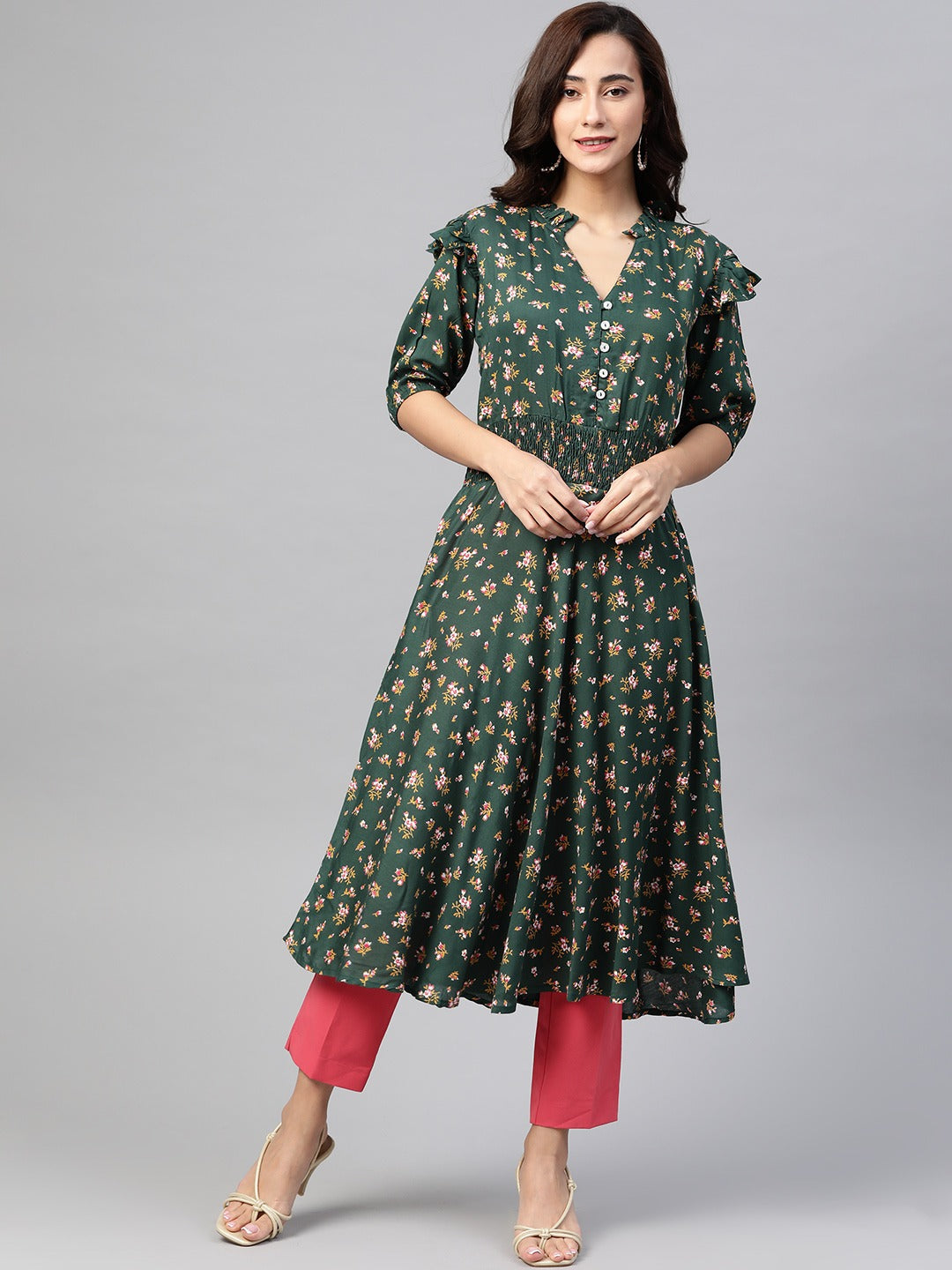 Jompers Women Green & Pink Floral Printed Floral Anarkali Kurta - Distacart