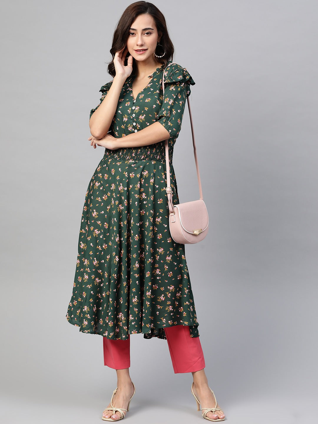 Jompers Women Green & Pink Floral Printed Floral Anarkali Kurta - Distacart