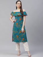 Thumbnail for Jompers Women Rama-Green & Yellow Floral Printed Straight Kurta - Distacart