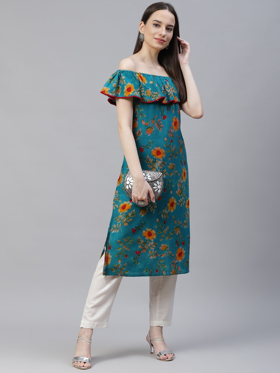 Jompers Women Rama-Green & Yellow Floral Printed Straight Kurta - Distacart