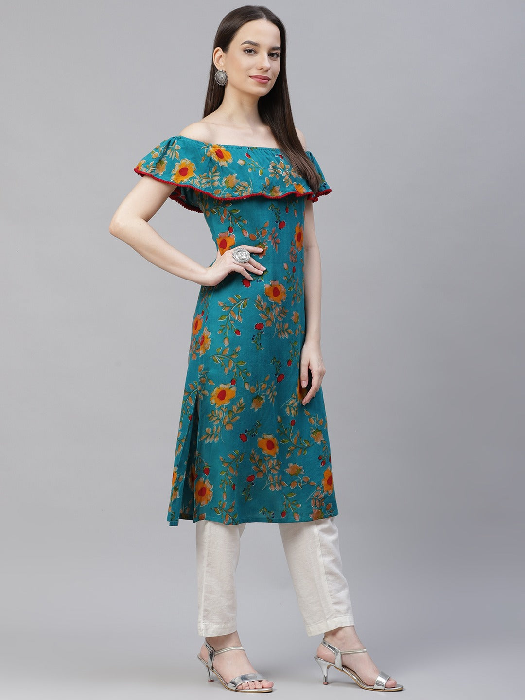 Jompers Women Rama-Green & Yellow Floral Printed Straight Kurta - Distacart