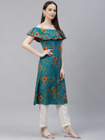 Thumbnail for Jompers Women Rama-Green & Yellow Floral Printed Straight Kurta - Distacart