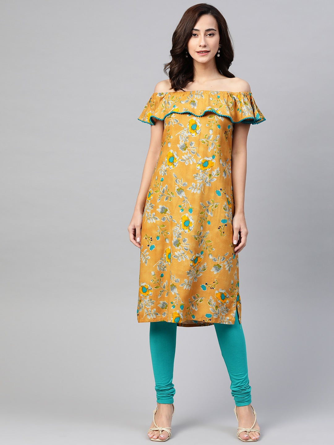 Jompers Women Mustard Yellow & Teal Blue Floral Printed Straight Kurta - Distacart