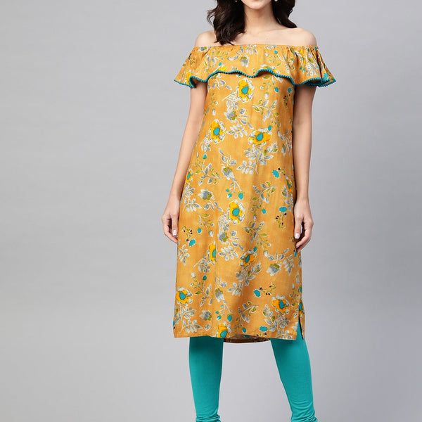 Jompers Women Mustard Yellow & Teal Blue Floral Printed Straight Kurta - Distacart