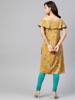 Thumbnail for Jompers Women Mustard Yellow & Teal Blue Floral Printed Straight Kurta - Distacart