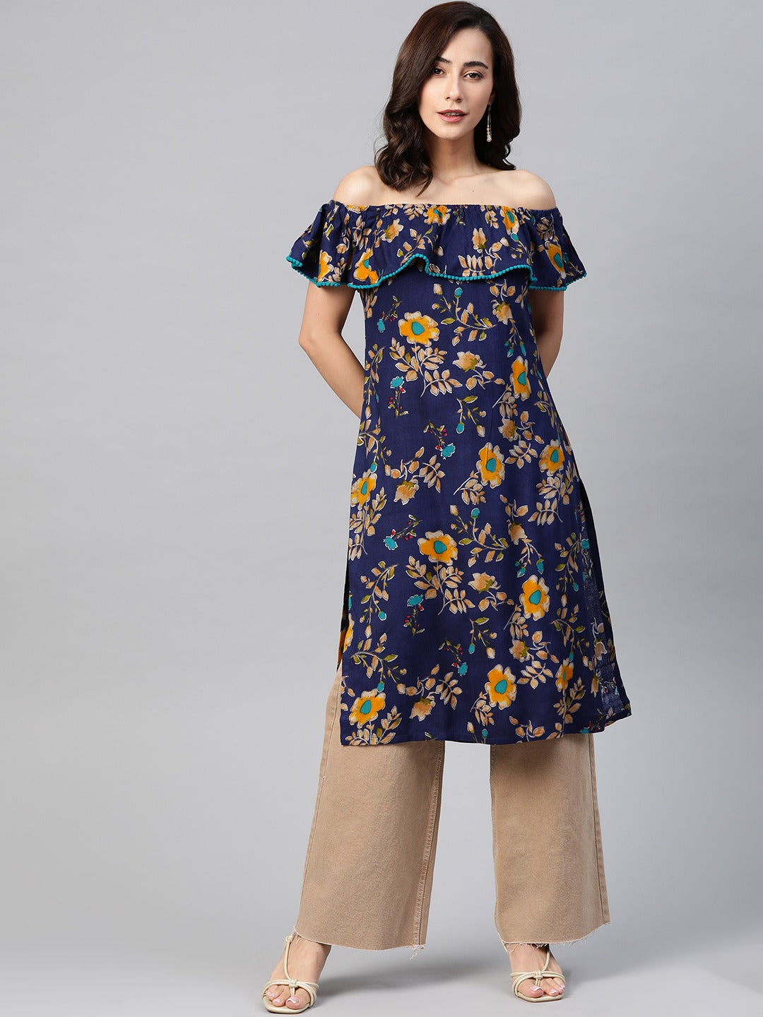 Jompers Women Navy Blue & Yellow Floral Printed Straight Kurta - Distacart