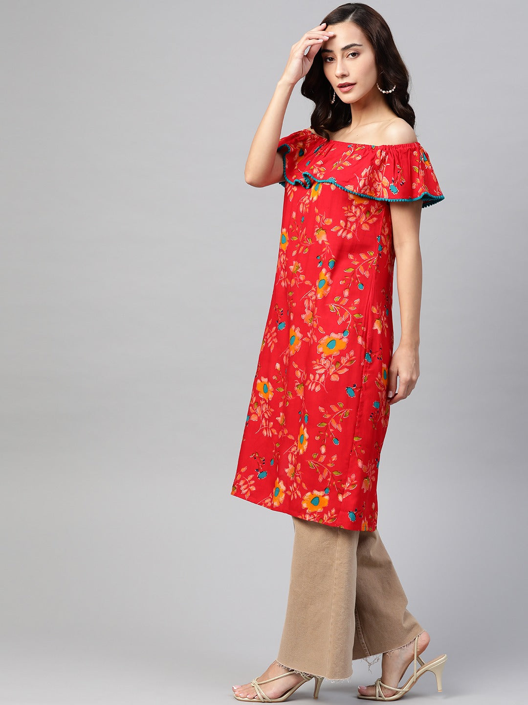 Jompers Women Red & Yellow Floral Printed Straight Kurta - Distacart