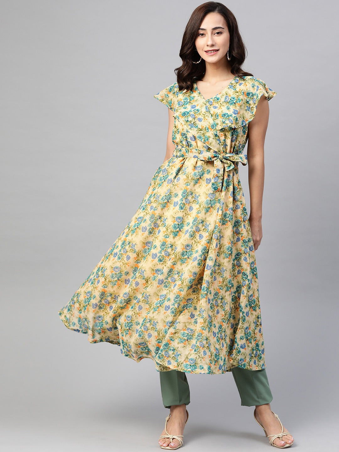 Jompers Women Beige, Blue & Green Floral Printed Georgette Kurta - Distacart