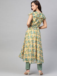 Thumbnail for Jompers Women Beige, Blue & Green Floral Printed Georgette Kurta - Distacart