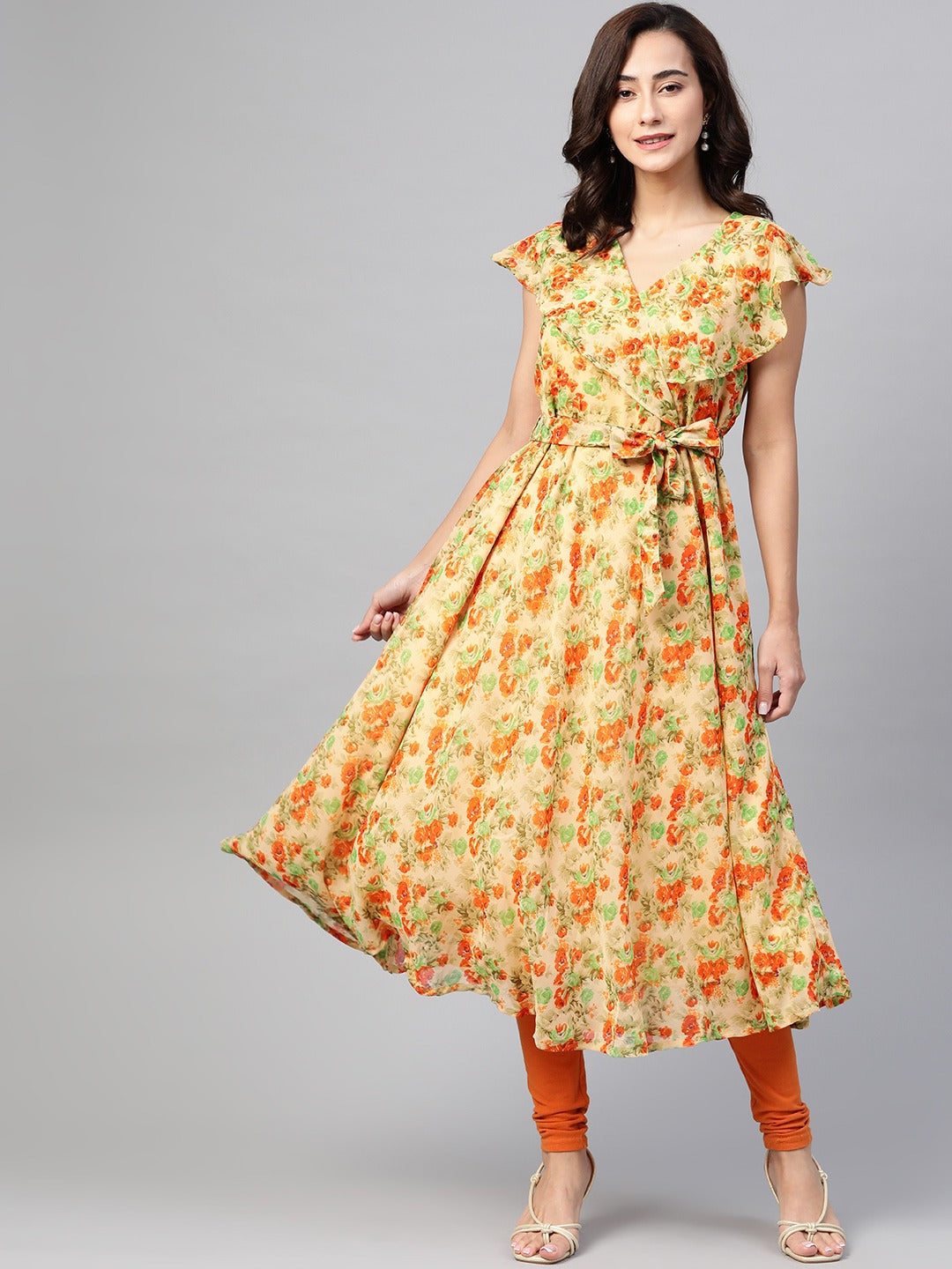 Jompers Women Beige, Orange & Green Floral Printed Georgette Kurta - Distacart