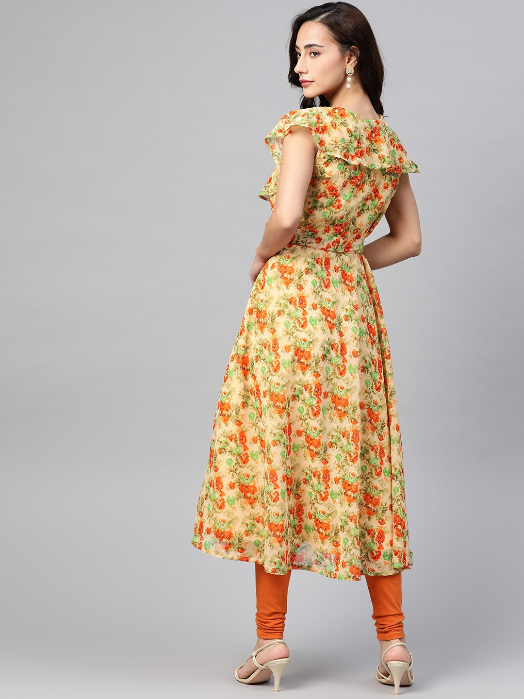 Jompers Women Beige, Orange & Green Floral Printed Georgette Kurta - Distacart