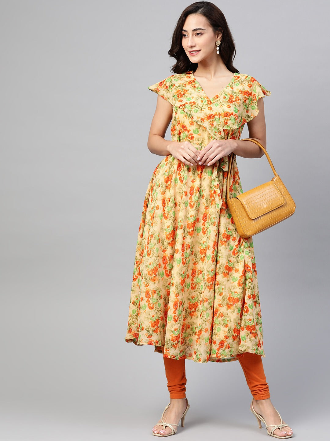 Jompers Women Beige, Orange & Green Floral Printed Georgette Kurta - Distacart